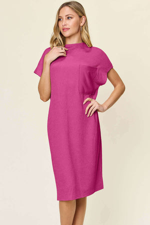 DOUBLE TAKE Full Size Texture Mock Neck Short Sleeve Dress at Bella Road