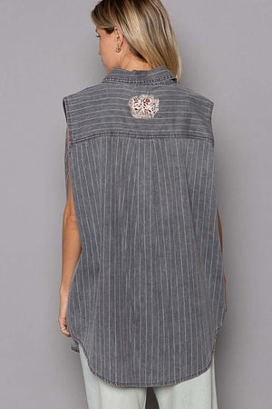 Button Down Sleeveless Striped Denim Shirt