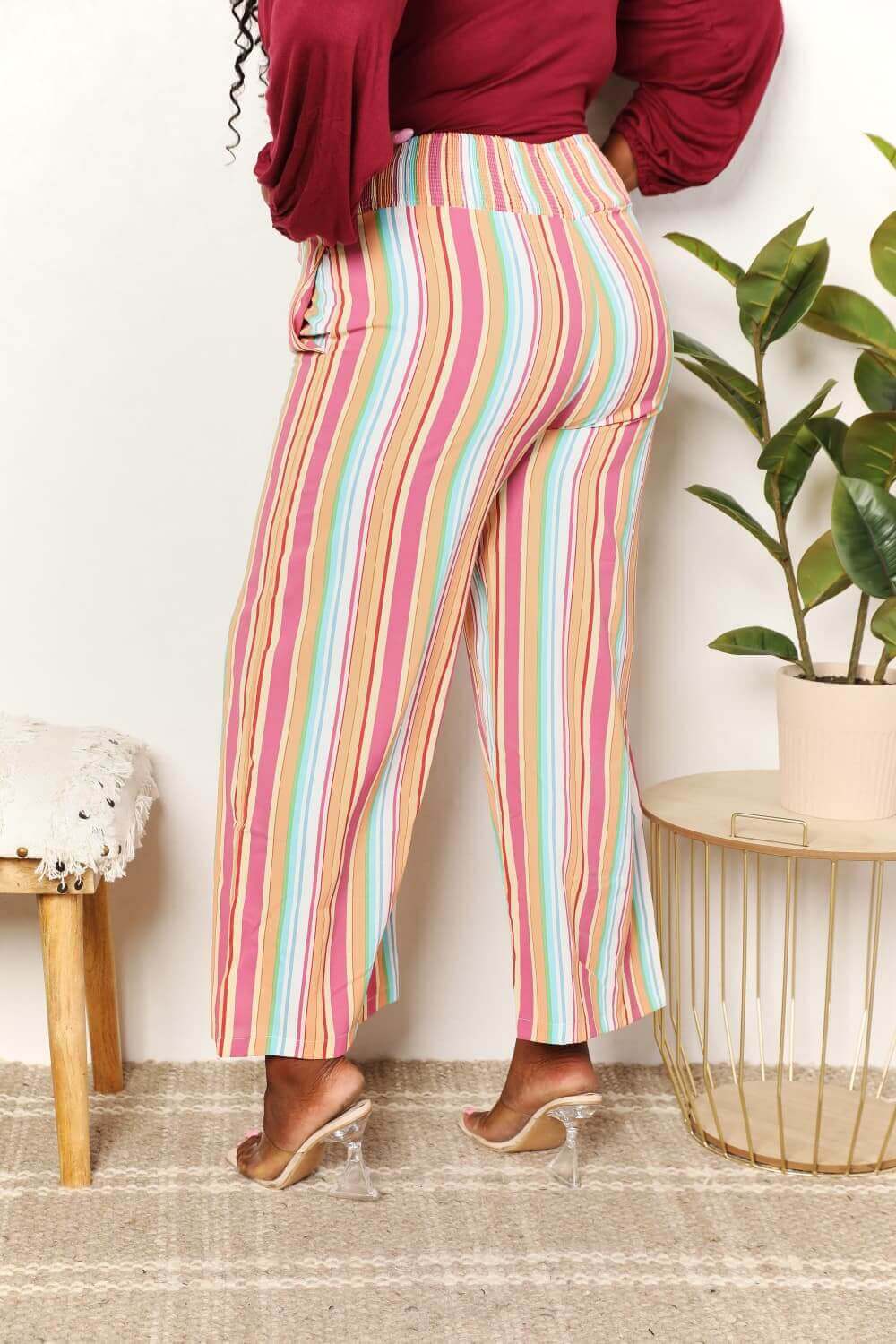 DOUBLE TAKE Striped Smocked Waist Pants with Pockets at Bella Road