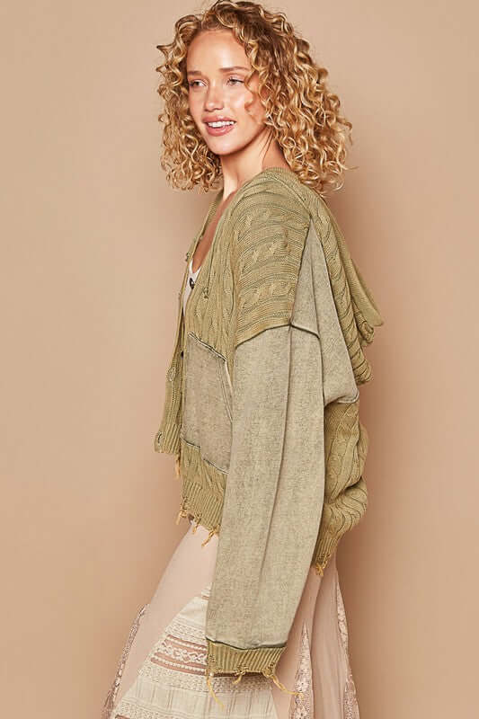 Trendy POL Distressed Hem Button Up Hooded Cardigan in olive green, perfect for layering in cool weather.