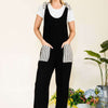 Stripe Contrast Pocket Rib Jumpsuit | Full Size - BLACK