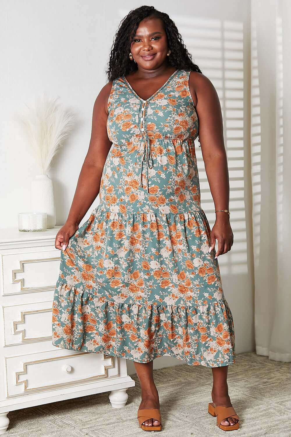 DOUBLE TAKE Floral V-Neck Tiered Sleeveless Dress at Bella Road