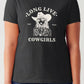 Woman wearing Simply Love Full Size LONG LIVE COWGIRLS Short Sleeve Tubular T-Shirt with a bold cowboy graphic.