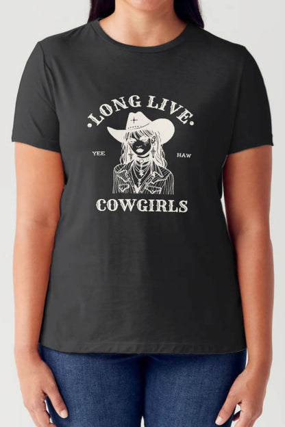 Woman wearing Simply Love Full Size LONG LIVE COWGIRLS Short Sleeve Tubular T-Shirt with a bold cowboy graphic.