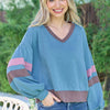 Hailey & Co Color Block V-Neck Cropped Sweatshirt - Blue