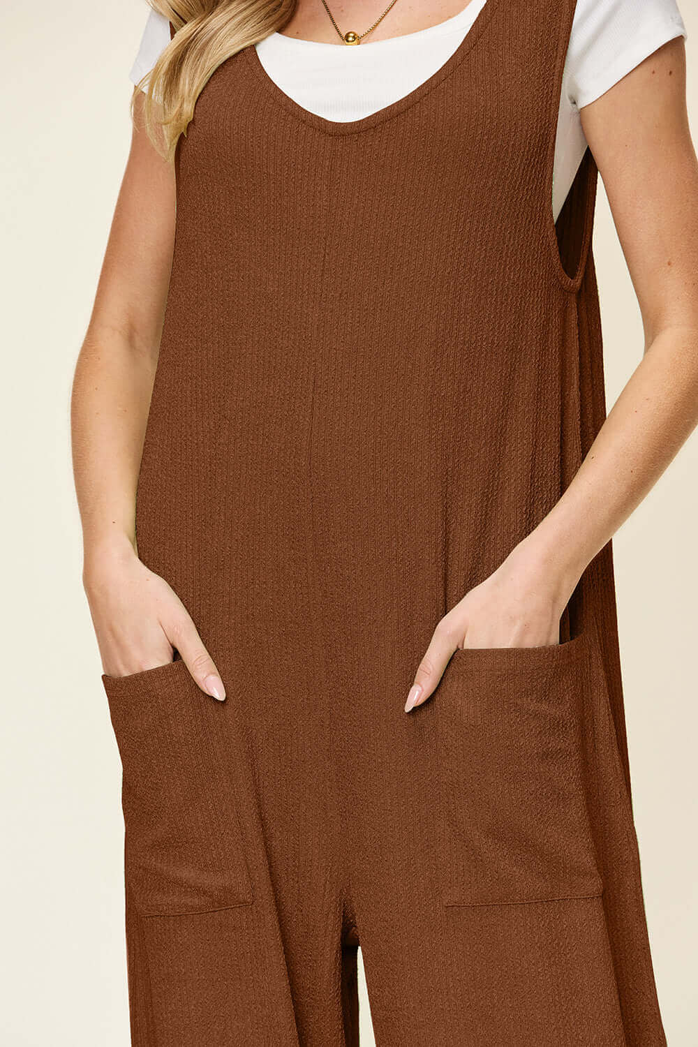 DOUBLE TAKE Full Size Texture Sleeveless Wide Leg Jumpsuit at Bella Road