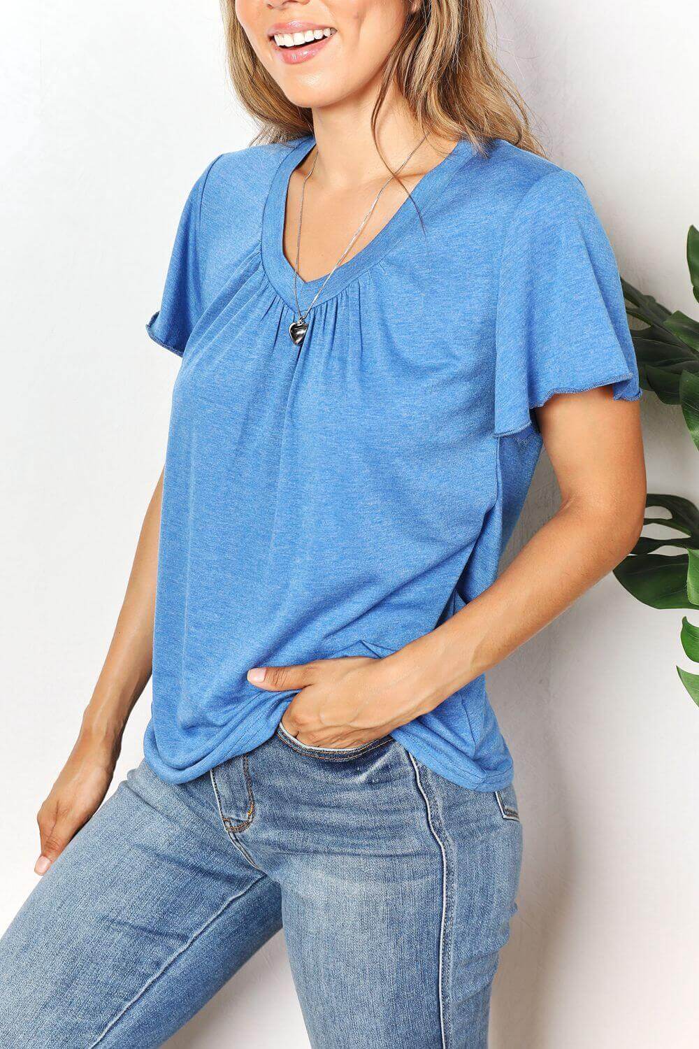 DOUBLE TAKE Ruched V-Neck Short Sleeve T-Shirt at Bella Road