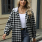 Woman wearing Bella Road Drawstring Plaid Long Sleeve Hooded Jacket, stylish and cozy outfit with adjustable fit.