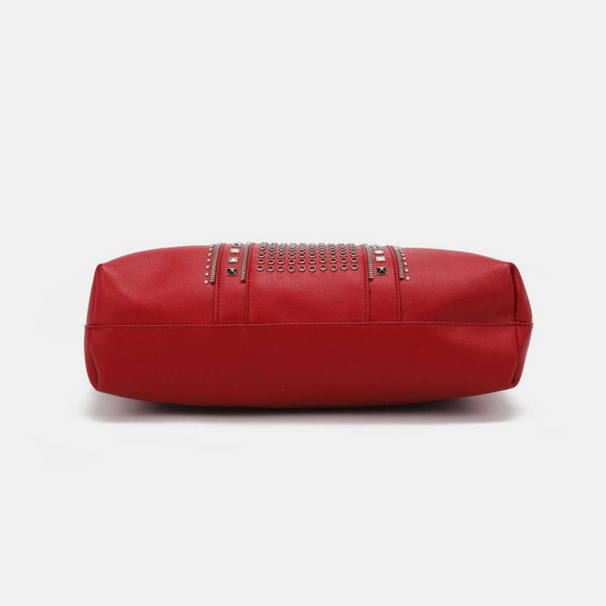 Nicole Lee USA Studded Large Tote Bag in Red Vegan Leather, Bottom View Showing Stud Detailing and Zipper Design