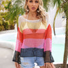 Color Block Openwork Boat Neck Cover Up - Fuchsia Pink