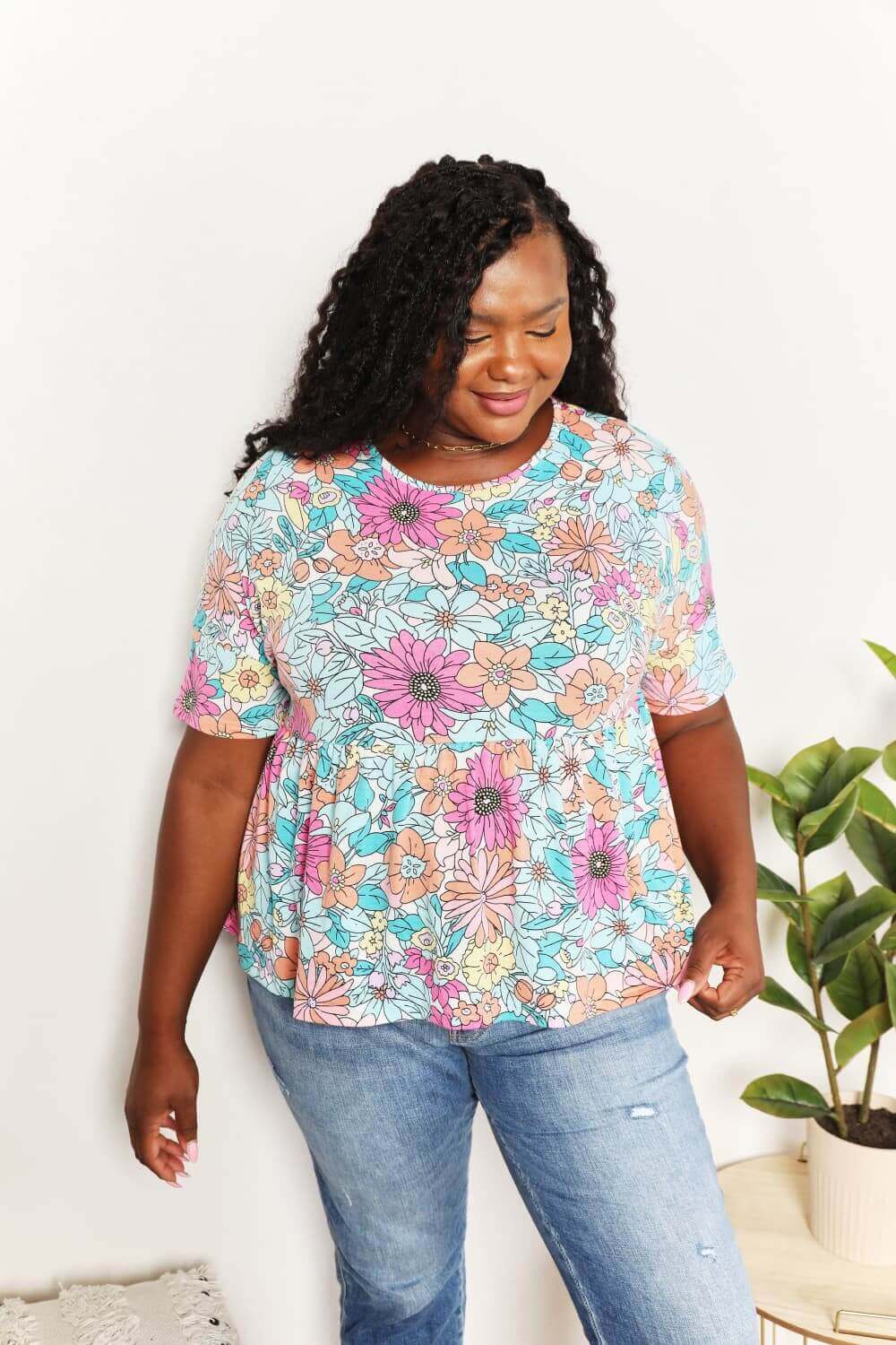 DOUBLE TAKE Floral Round Neck Babydoll Top at Bella Road