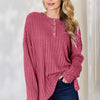 Ribbed Half Button Long Sleeve High-Low T-Shirt - Hot Pink