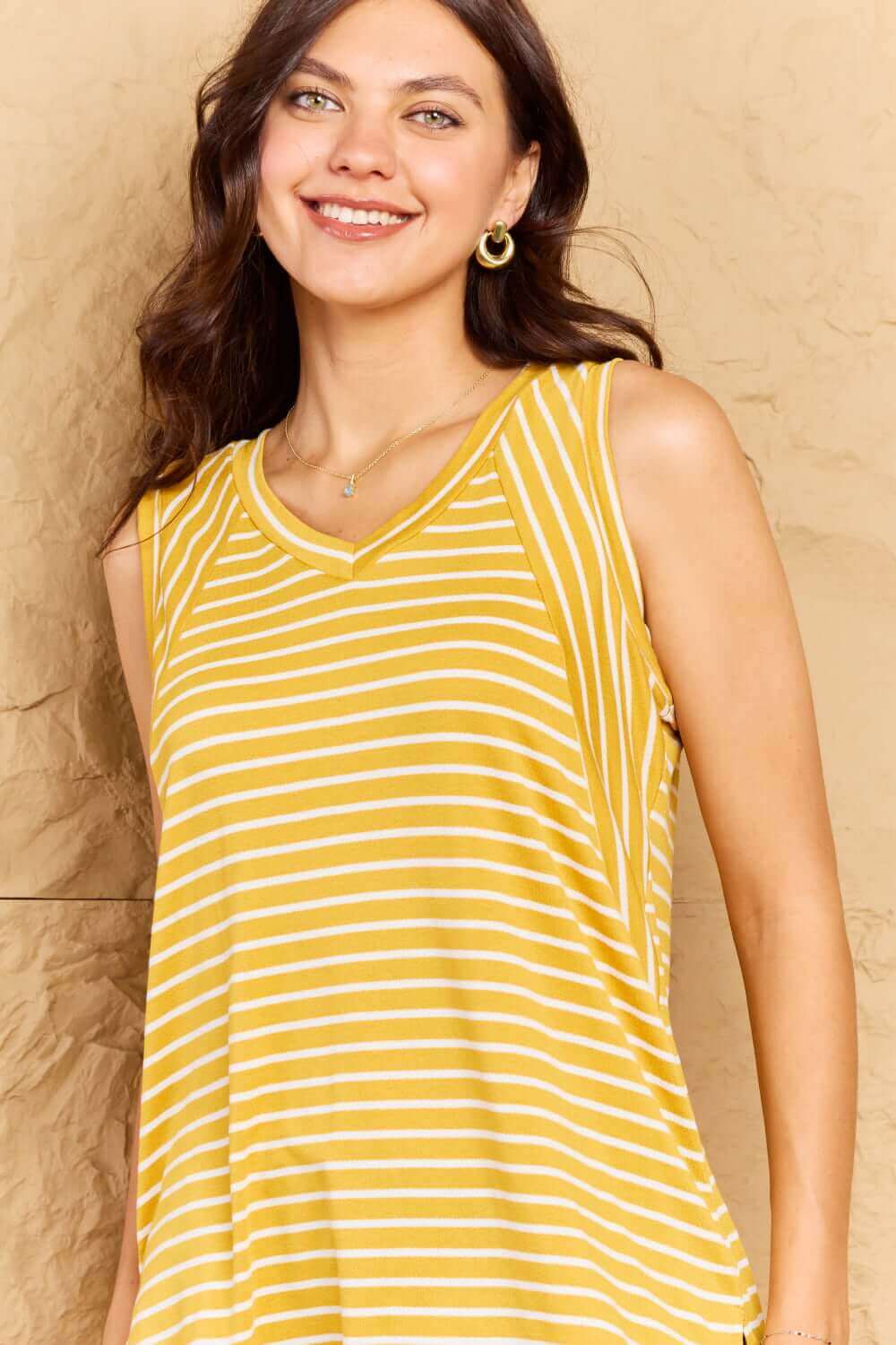 DOUBLJU Talk To Me Full Size Striped Sleeveless V-Neck Top at Bella Road