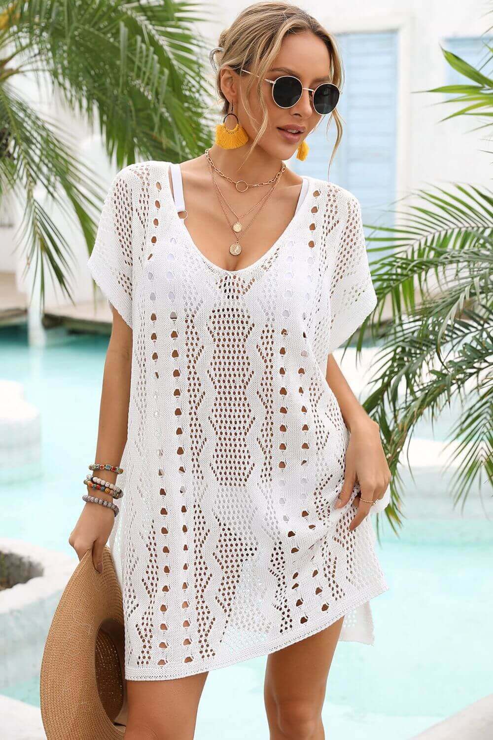 BELLA ROAD Openwork Plunge Dolman Sleeve Cover-Up Dress at Bella Road