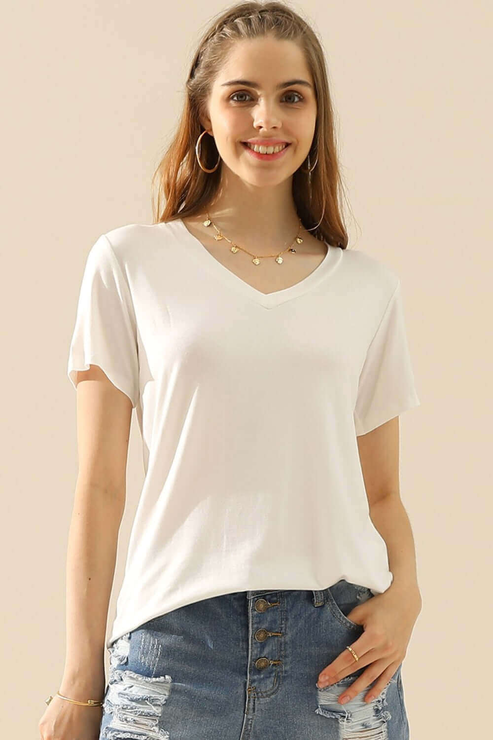 NINEXIS Full Size V-Neck Short Sleeve T-Shirt at Bella Road