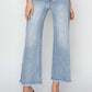 High rise crop wide fray hem jeans with a trendy wide leg style for a modern and edgy look.