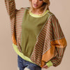 BiBi Color Block Striped Round Neck Sweatshirt - Olive/Latte