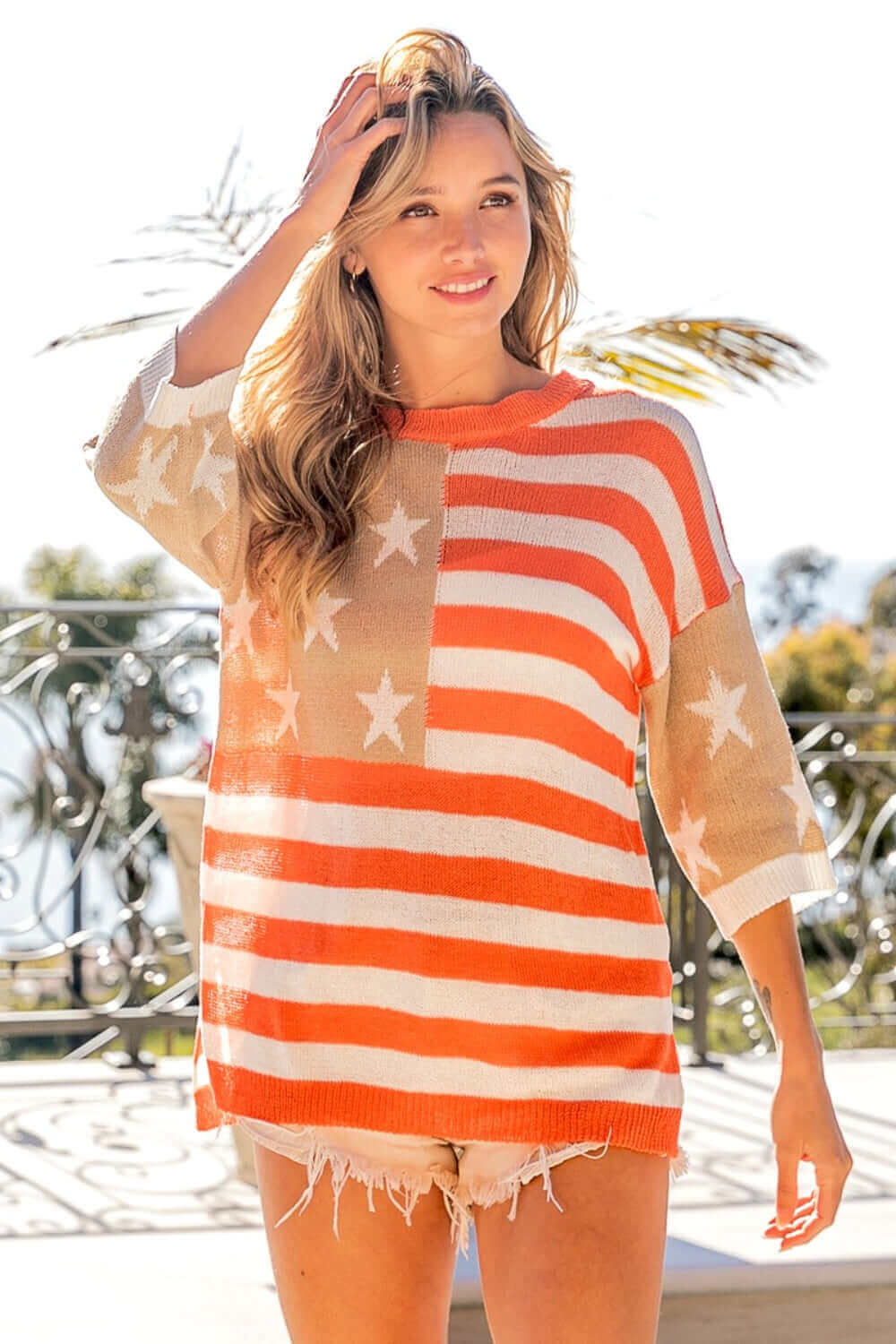 BIBI American Flag Round Neck Knit Top at Bella Road