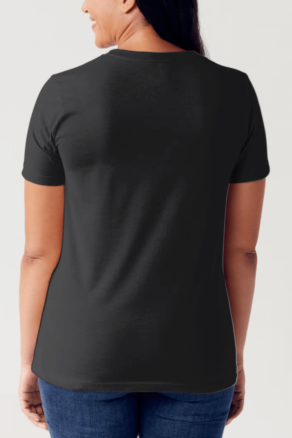 Back view of woman wearing Simply Love Full Size Graphic Round Neck Short Sleeve Tubular T-Shirt in black.