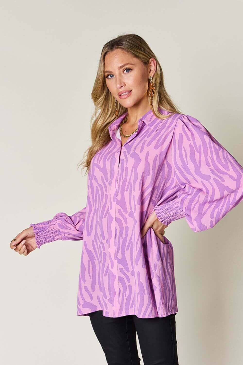 DOUBLE TAKE Full Size Printed Smocked Long Sleeve Blouse at Bella Road