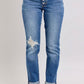 Judy Blue plus size button fly distressed jeans with pockets, casual style for trendy and comfortable wear.