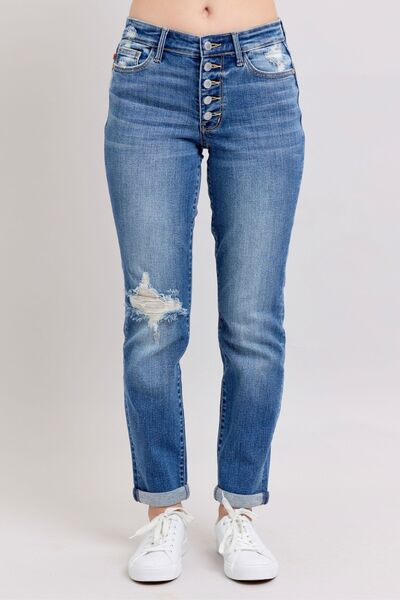 Judy Blue plus size button fly distressed jeans with pockets, casual style for trendy and comfortable wear.