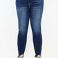 High Rise Frayed Ankle Skinny Jeans - trendy ankle-length jeans with frayed hem, high-rise fit, and blue denim color.