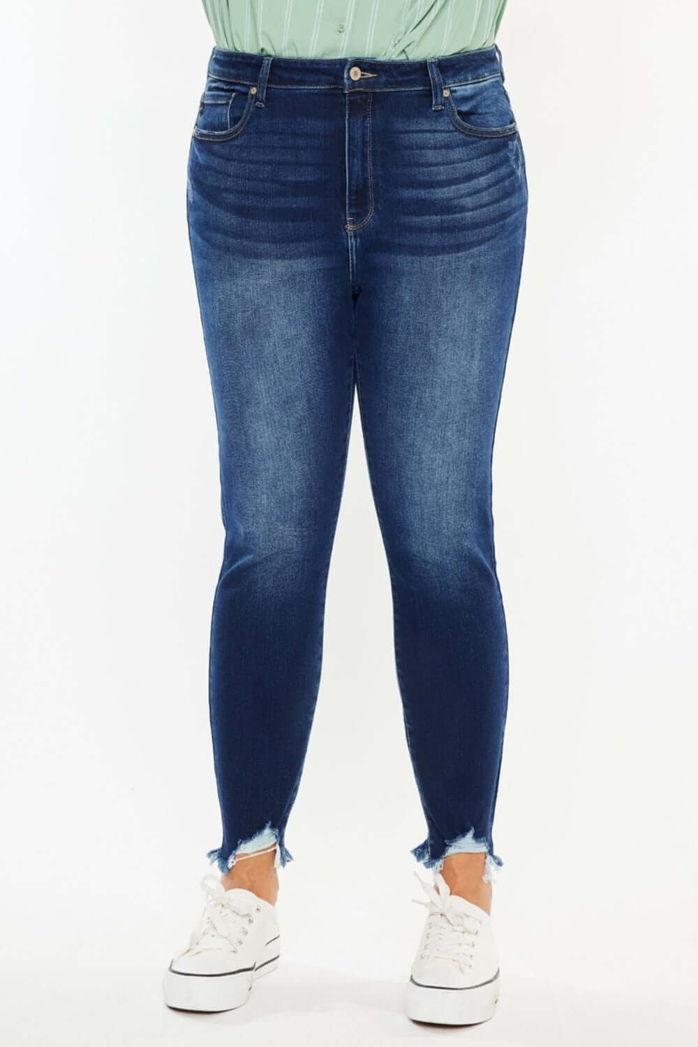 High Rise Frayed Ankle Skinny Jeans - trendy ankle-length jeans with frayed hem, high-rise fit, and blue denim color.