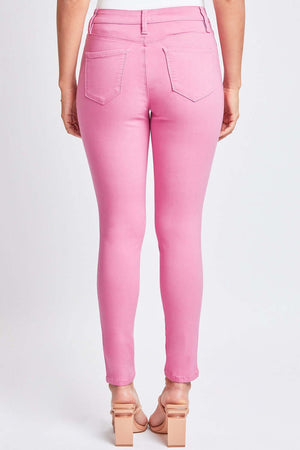 Back view of YMI Jeans Hyperstretch Mid-Rise Skinny Pants in pink showing skinny leg fit and stylish design