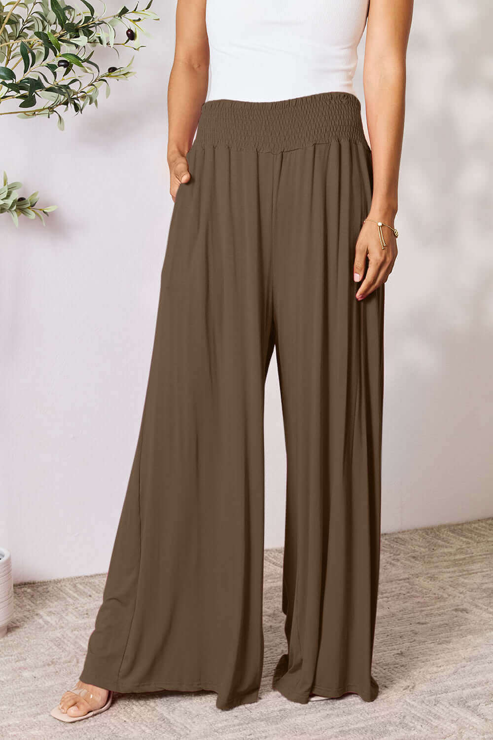 DOUBLE TAKE Full Size Smocked Wide Waistband Wide Leg Pants at Bella Road