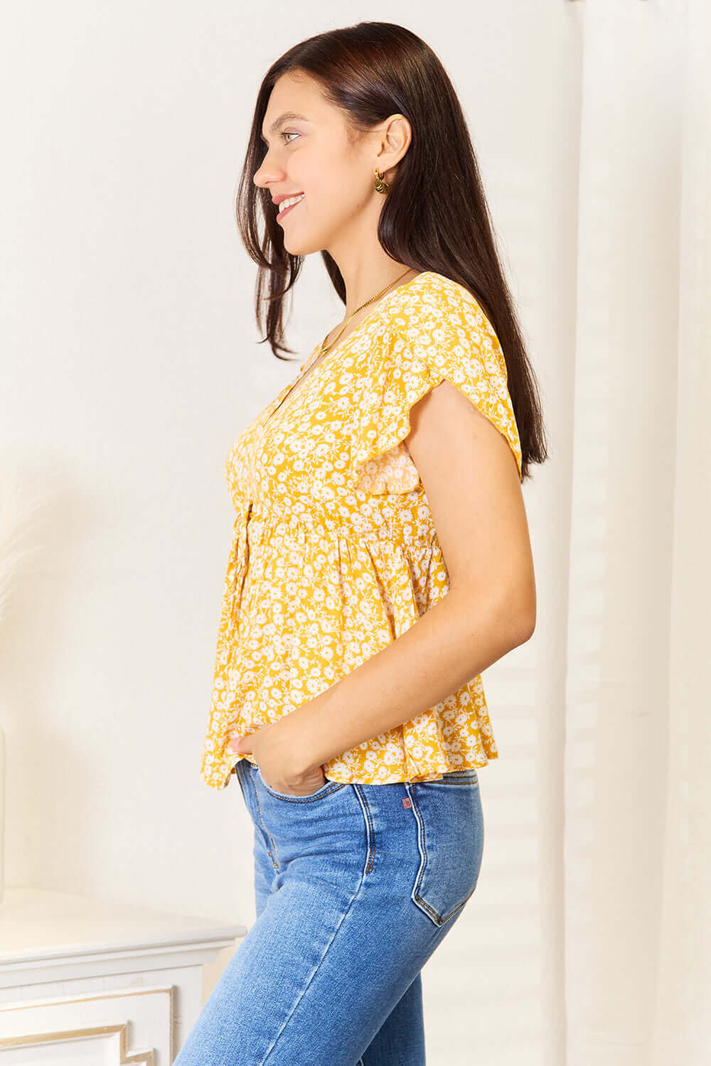 DOUBLE TAKE Floral Petal Sleeve Babydoll Top at Bella Road