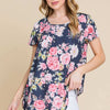 Floral Round Neck Short Sleeve T-Shirt - Navy