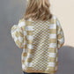 Cozy tan checkered open front cardigan with dropped shoulders viewed from the back, perfect for a playful style boost.