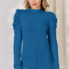 Ribbed Mock Neck Puff Sleeve T-Shirt - Sky Blue