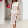 Cutout Openwork Round Neck Sleeveless Cover-Up - White