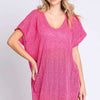 Short Sleeve Side Slit Knit Cover Up Dress - HOT PINK