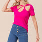 Woman wearing pink Cutout Asymmetrical Neck Short Sleeve T-Shirt with jeans showing unique neckline and stylish cutout details.