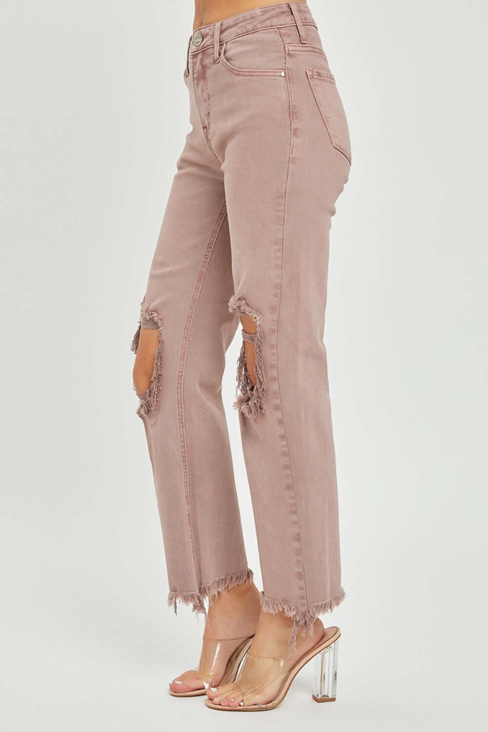 Risen Jeans Distressed Ankle Bootcut with frayed hems and trendy retro flare detailing, perfect for a laid-back cool vibe