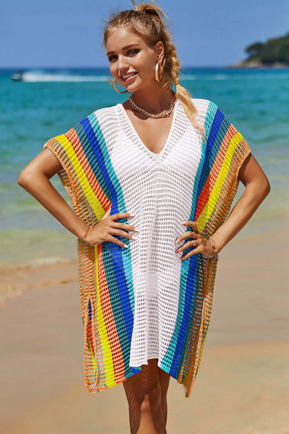 DOUBLE TAKE Openwork Striped Slit Knit Cover Up at Bella Road