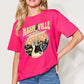 Woman wearing a graphic round neck short sleeve red T-shirt with "Nashville, Tennessee" print, paired with blue jeans.