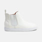 Stylish white faux suede sneakers with elastic side panels for a comfortable, trendy look. Perfect for everyday wear.