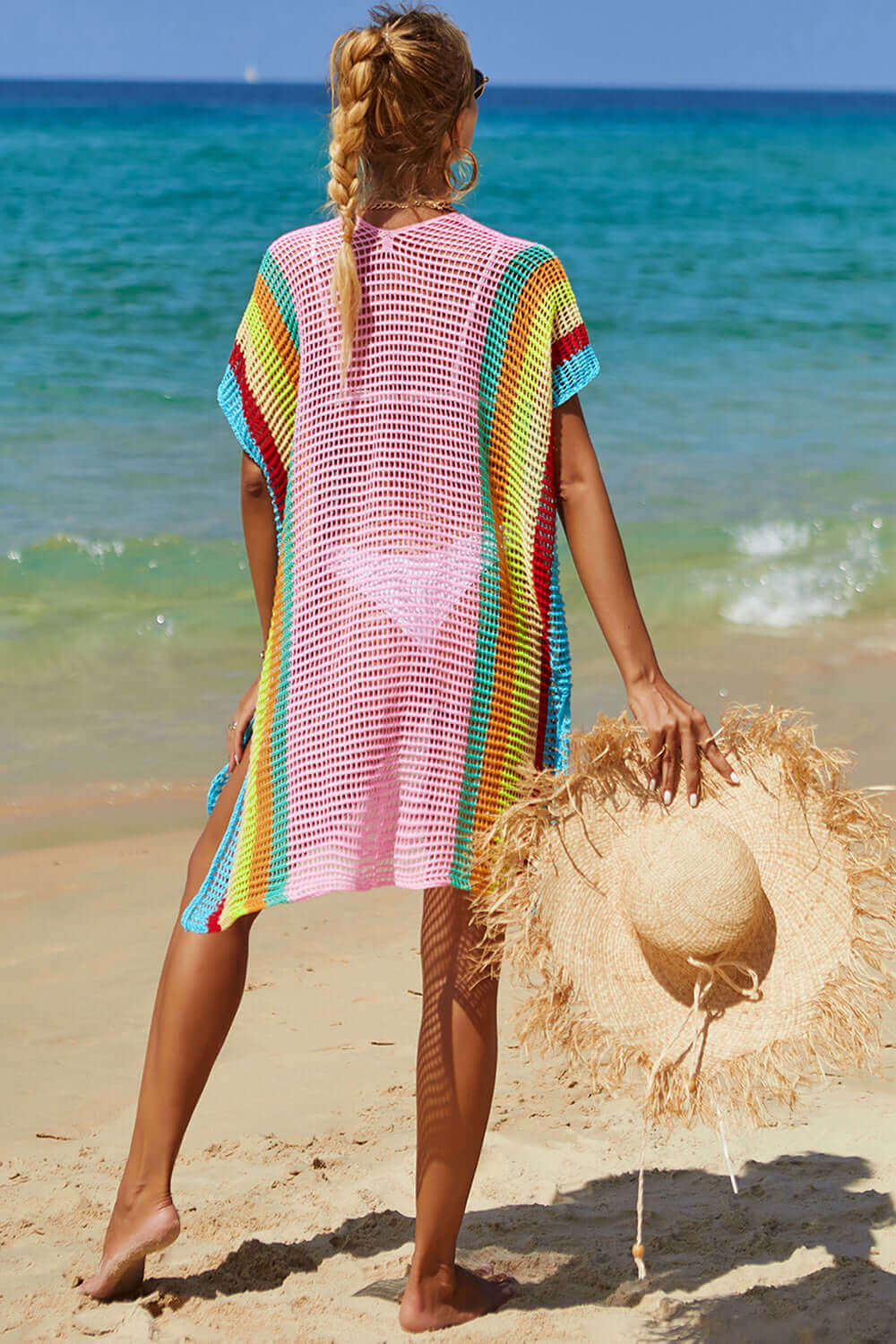 DOUBLE TAKE Openwork Striped Slit Knit Cover Up at Bella Road