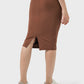 Woman wearing a brown Millennia Slit Wrap Active Skirt from the back, showcasing its stylish slit detail and stretchy material.