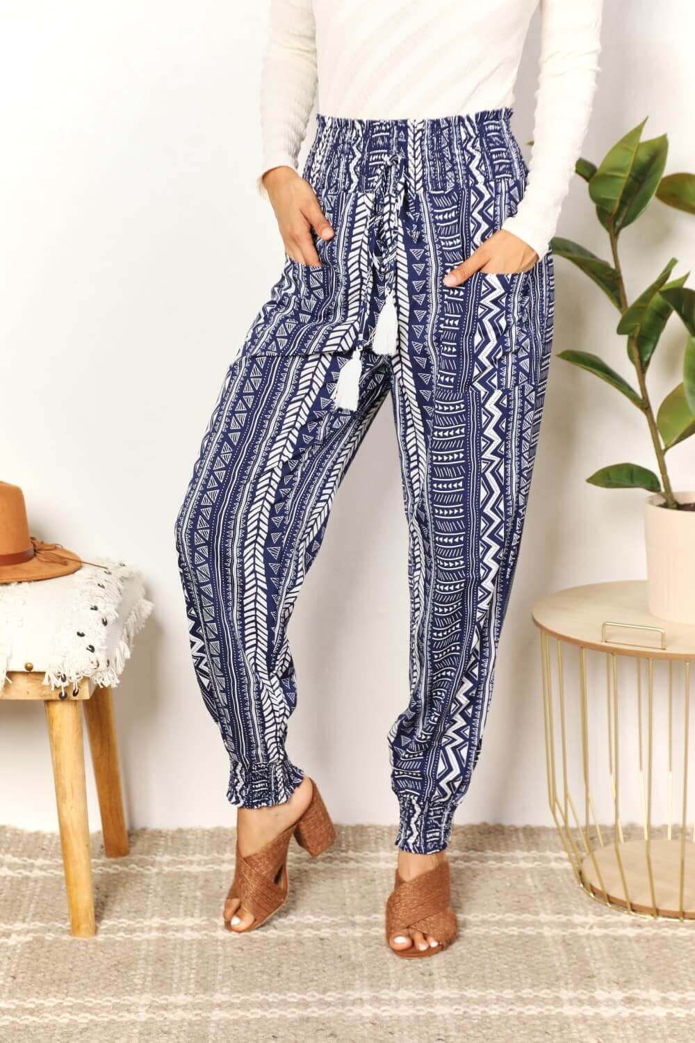 DOUBLE TAKE Geometric Print Tassel High-Rise Pants at Bella Road