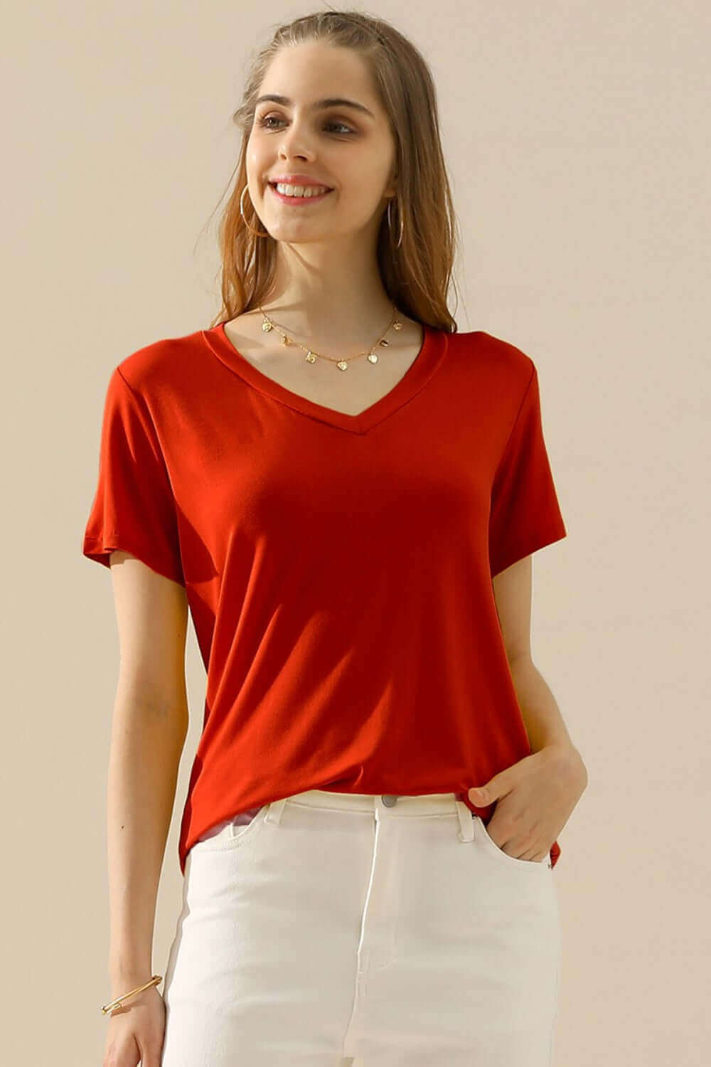 NINEXIS Full Size V-Neck Short Sleeve T-Shirt at Bella Road