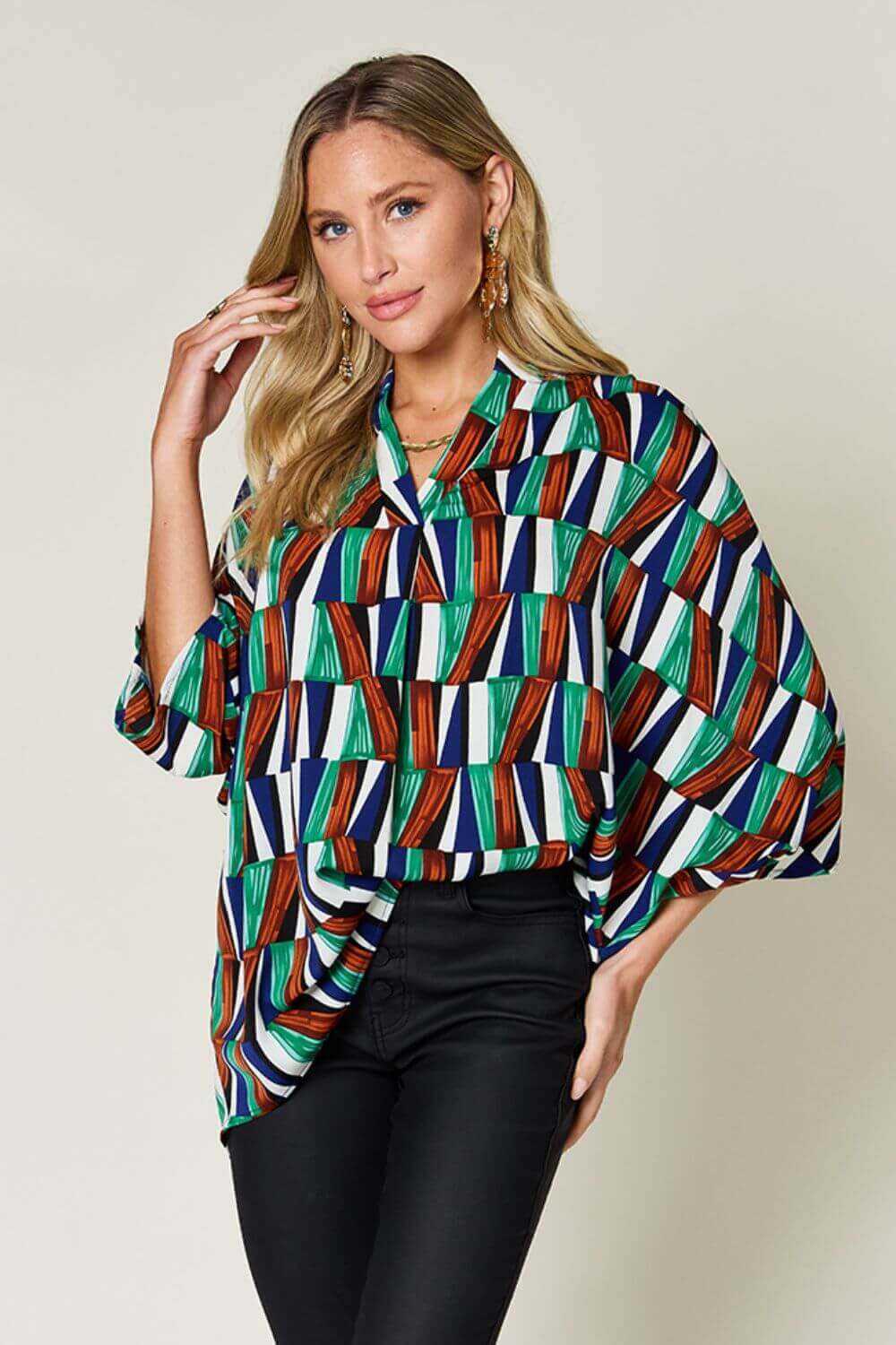 DOUBLE TAKE Full Size Geometric Notched Raglan Sleeve Blouse at Bella Road