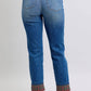 Back view of Judy Blue plaid print cuff straight leg jeans with pockets, showcasing stylish denim and trendy cuff detail.