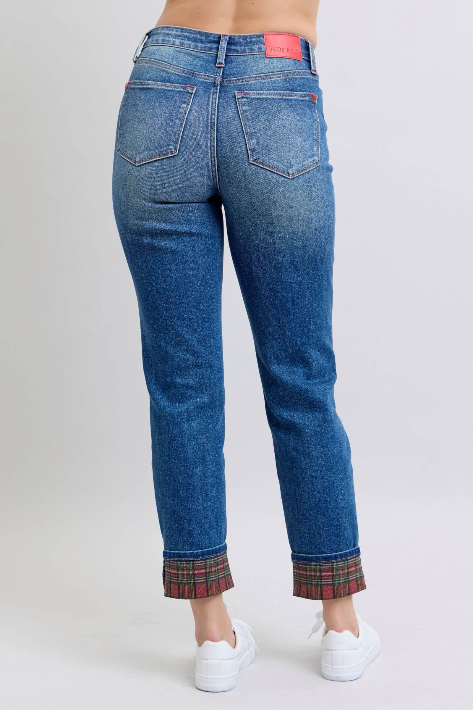 Back view of Judy Blue plaid print cuff straight leg jeans with pockets, showcasing stylish denim and trendy cuff detail.