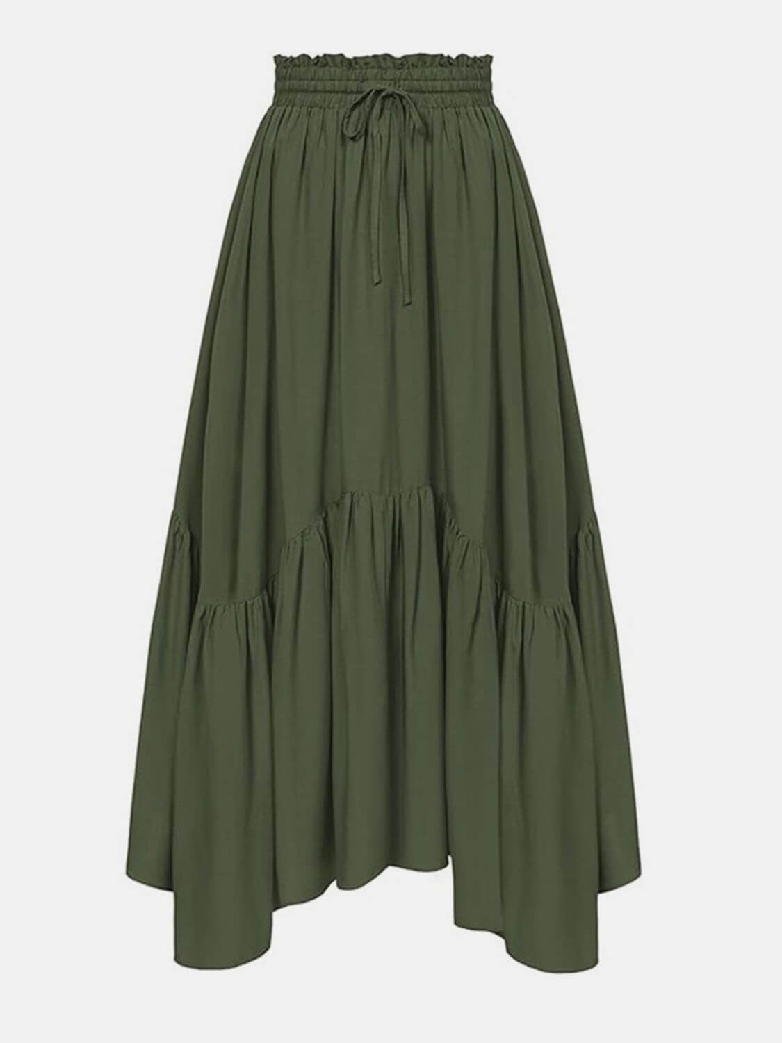 "Bella Road army green smocked waist ruched layered skirt, fashionable and versatile for any occasion."