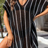 Slit Openwork Striped V-Neck Cover-Up - Black